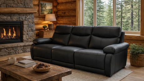 Sofá de cuero negro de tres cuerpos en cabaña rústica de madera con chimenea de piedra y vista al bosque