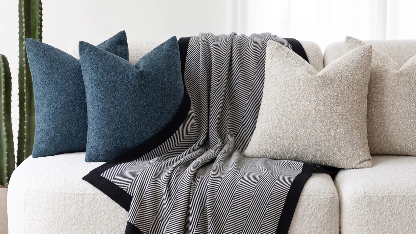 Combinación Ohio Sofá minimalista con una manta de rayas blancas y negras, acompañada de cojines de textura bouclé en azul petróleo y blanco.