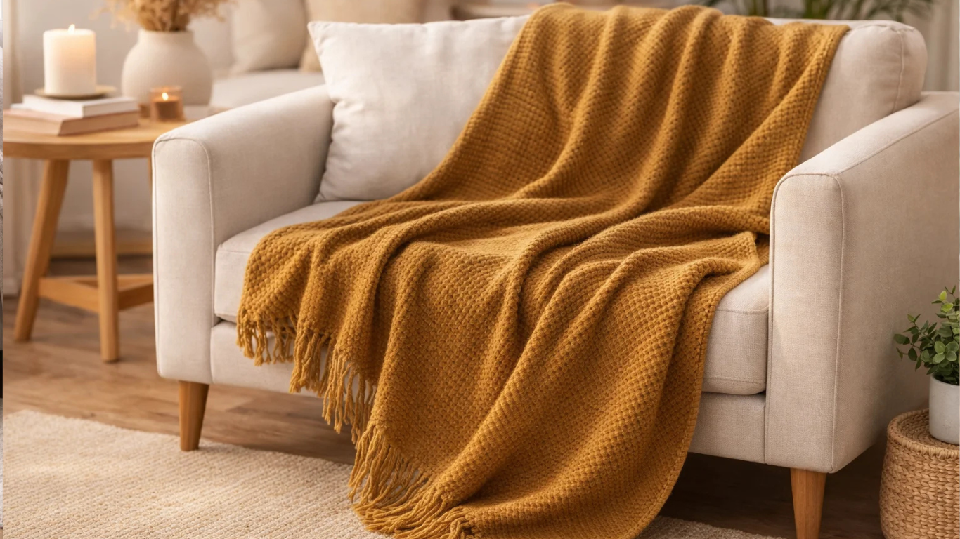 Manta mostaza texturada con flecos sobre poltrona clara en ambiente cálido y moderno_png