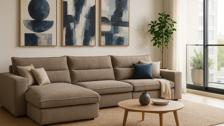 Sofá Milanoh de tres módulos con cuadros abstractos en tonos azul, negro y beige, decoración de Re Decora y ventanales amplios