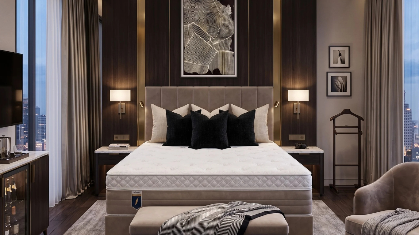 Elegante dormitorio de hotel de lujo con cama doble, cojines en tonos beige y negro, manta a rayas grises y un cuadro abstracto oscuro.