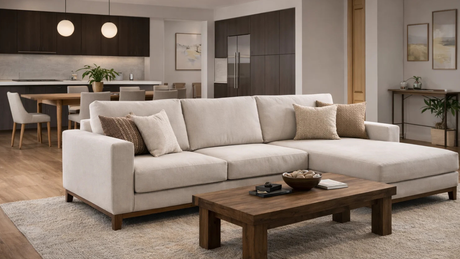 Sofá seccional Adesso en living comedor integrado de estilo moderno, con cocina abierta, mesa de comedor de madera, iluminación colgante y decoración en tonos neutros_png