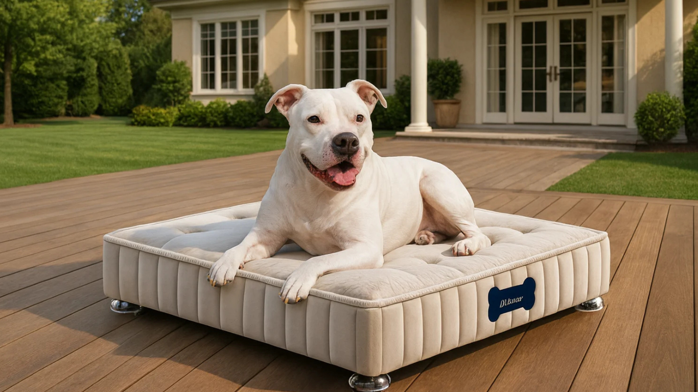 Camita cuadrada Eleganza para mascotas en el deck de una casa grande, con un dogo blanco descansando encima