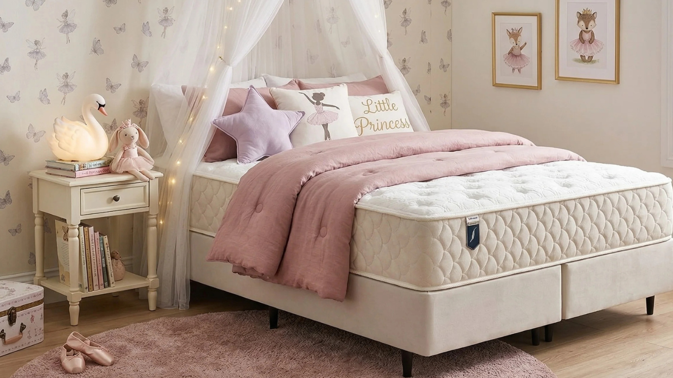Cama europea blanca con ropa de cama rosa y dosel iluminado, ubicada en una habitación infantil decorada en tonos pastel.