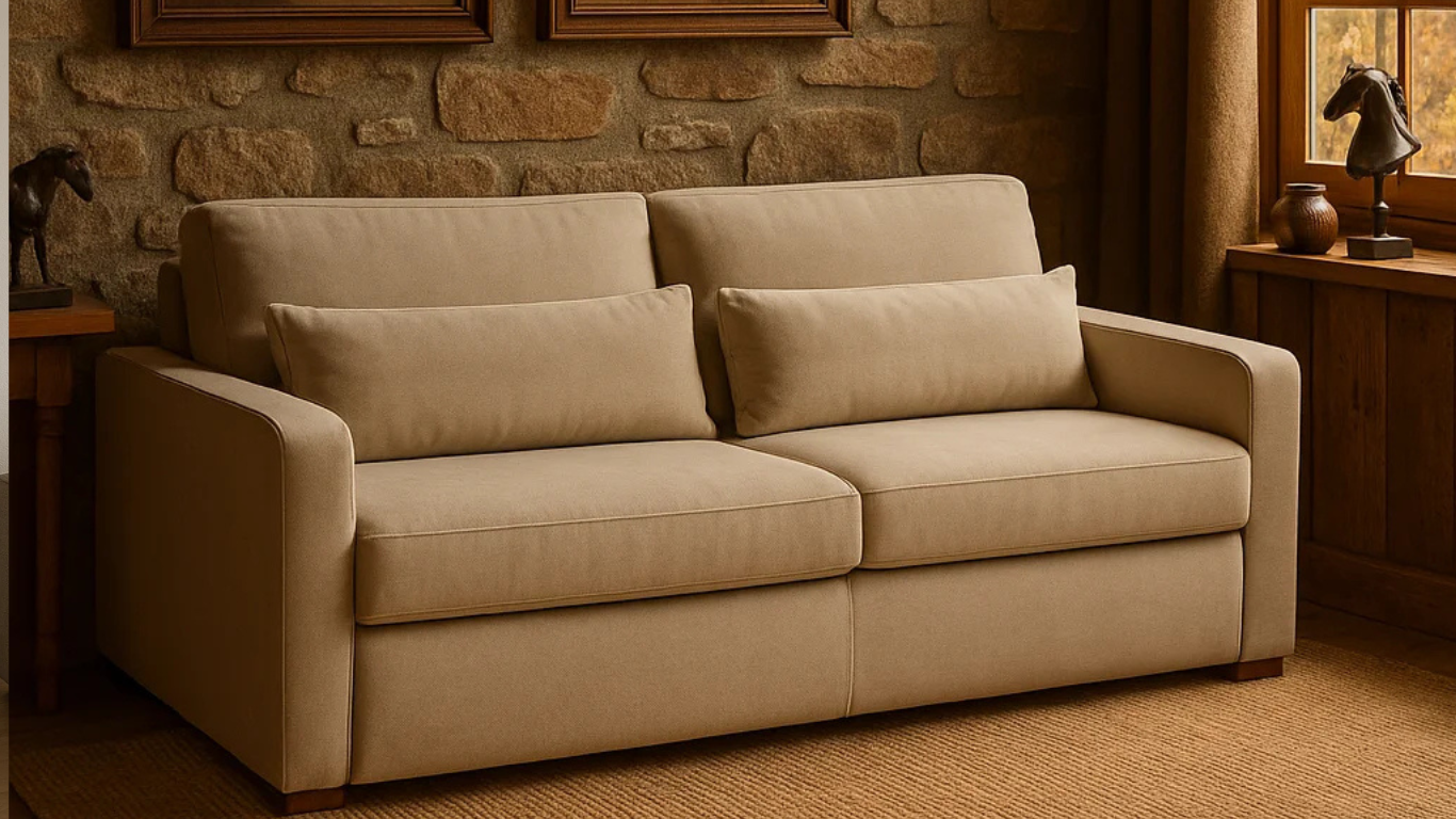 Sofá Zurich beige cerrado en casa de campo con muros de piedra, cuadros de caballos y ventanal con luz natural cálida.