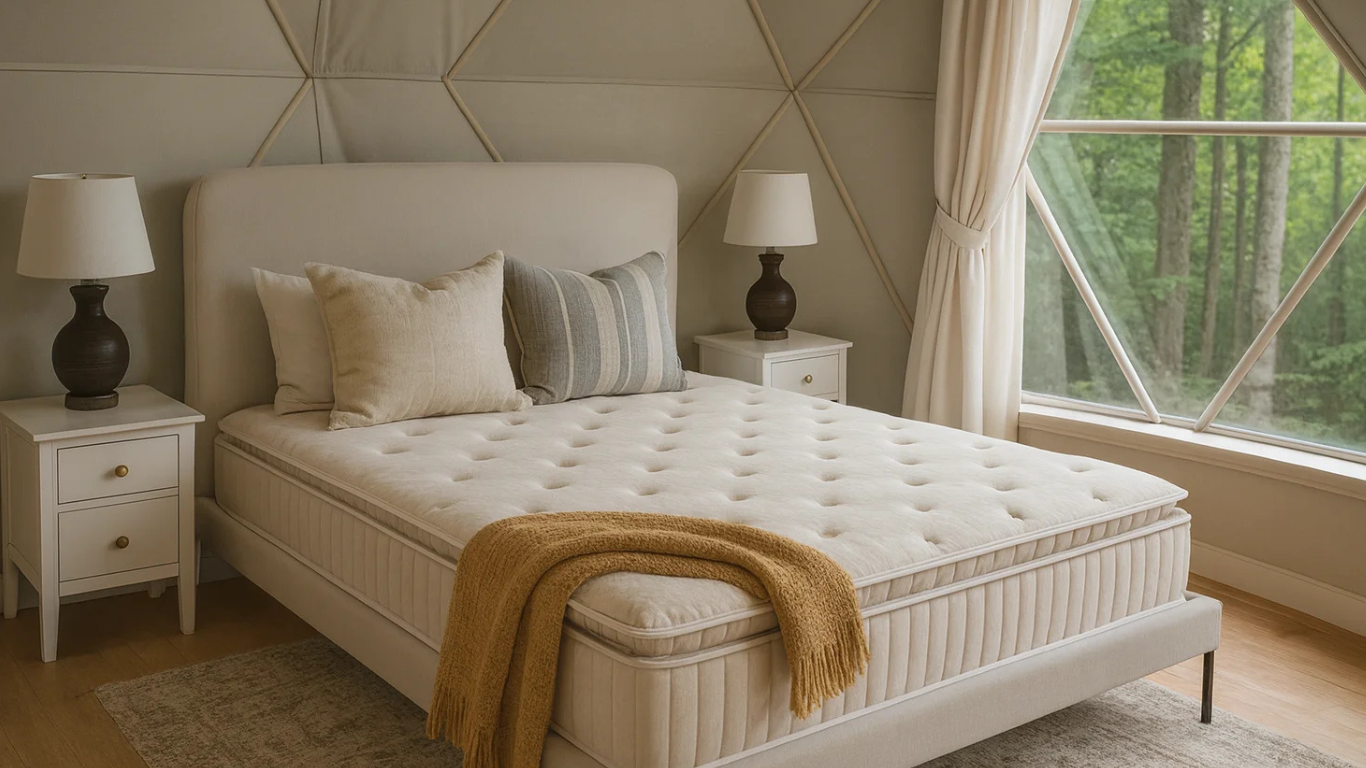 Cama Accodare moderna sin sábanas en un domo, con manta mostaza, cojines decorativos en tonos neutros, mesitas de luz blancas y veladores de diseño, junto a una ventana triangular con vista al bosque