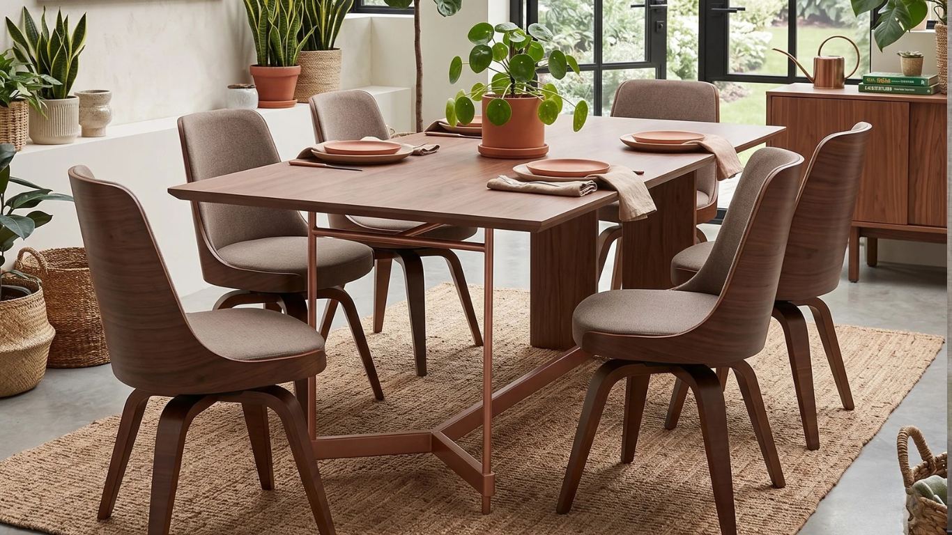 Comedor botánico Comedor luminoso con mesa de madera y patas cobrizas, sillas tapizadas, gran variedad de plantas y un cuadro floral.