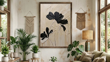 Living rústico con plantas seleccionadas, alfombra de yute y mesa de tronco natural_png