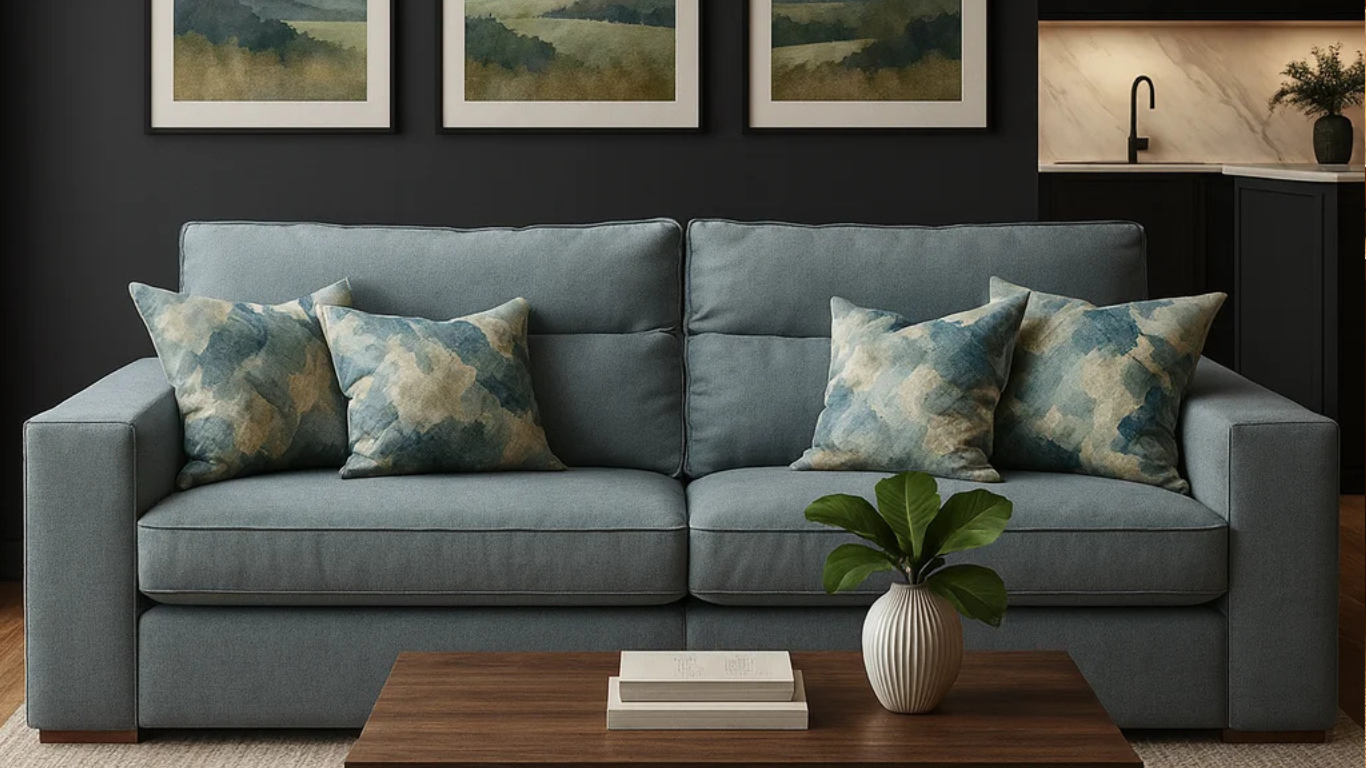 Sofá Austin en tono gris azulado ubicado en un living comedor moderno con paredes oscuras, cocina oscura al fondo y cuadros decorativos sobre el sofá_png