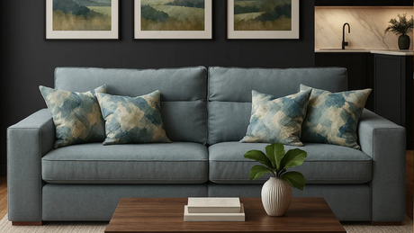 Sofá Austin en tono gris azulado ubicado en un living comedor moderno con paredes oscuras, cocina oscura al fondo y cuadros decorativos sobre el sofá_png