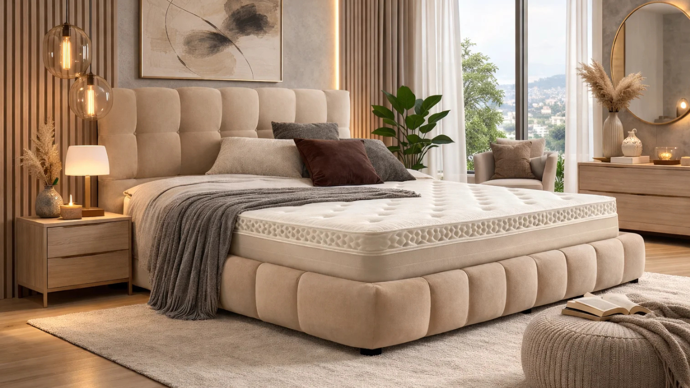 Cama Vicenza color arena con respaldo capitoné en dormitorio elegante con decoración en tonos tierra y luz natural_png