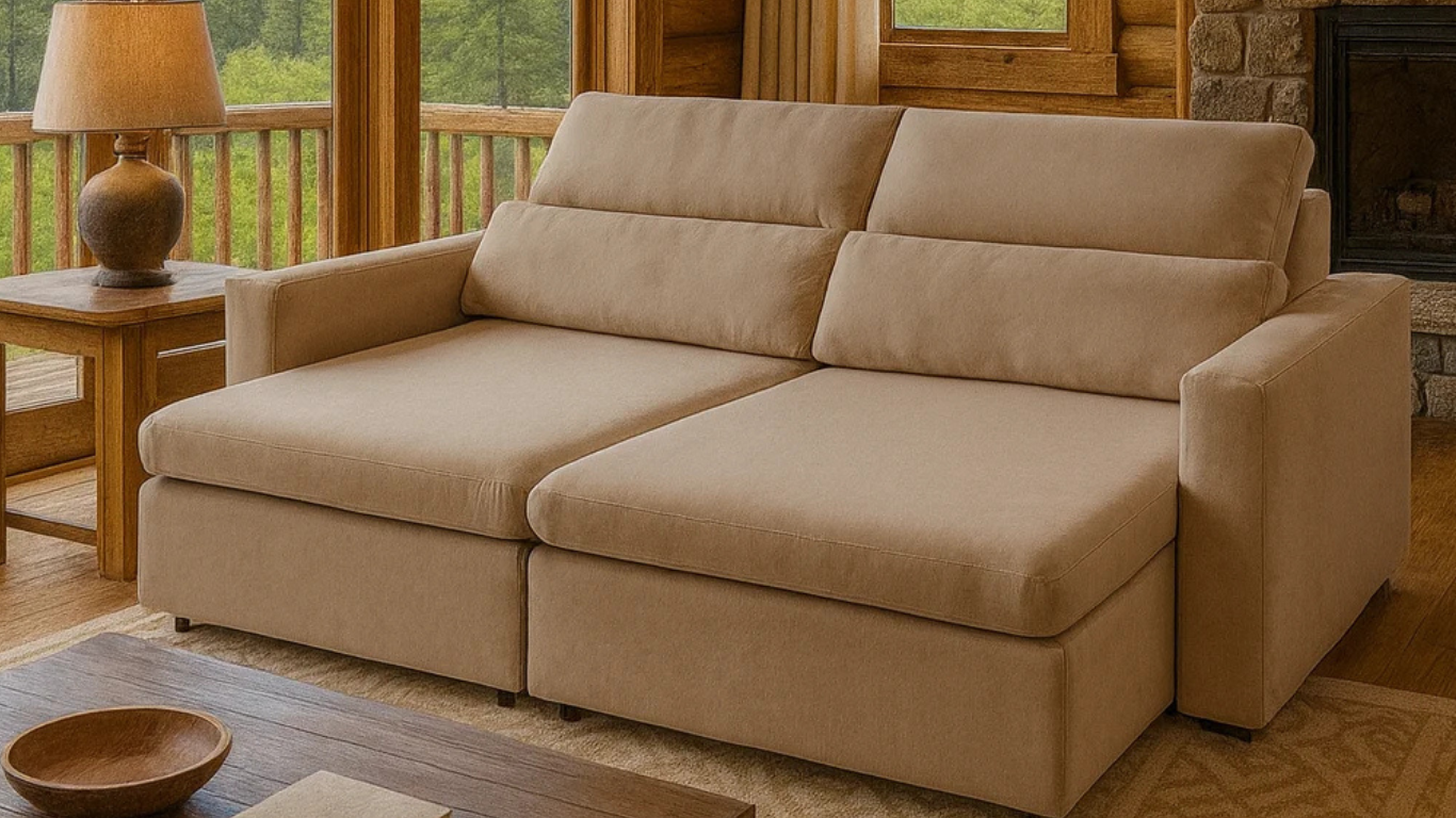 Sofá Dublin beige en una cabaña de montaña, con grandes ventanales, alfombra cálida y decoración rústica