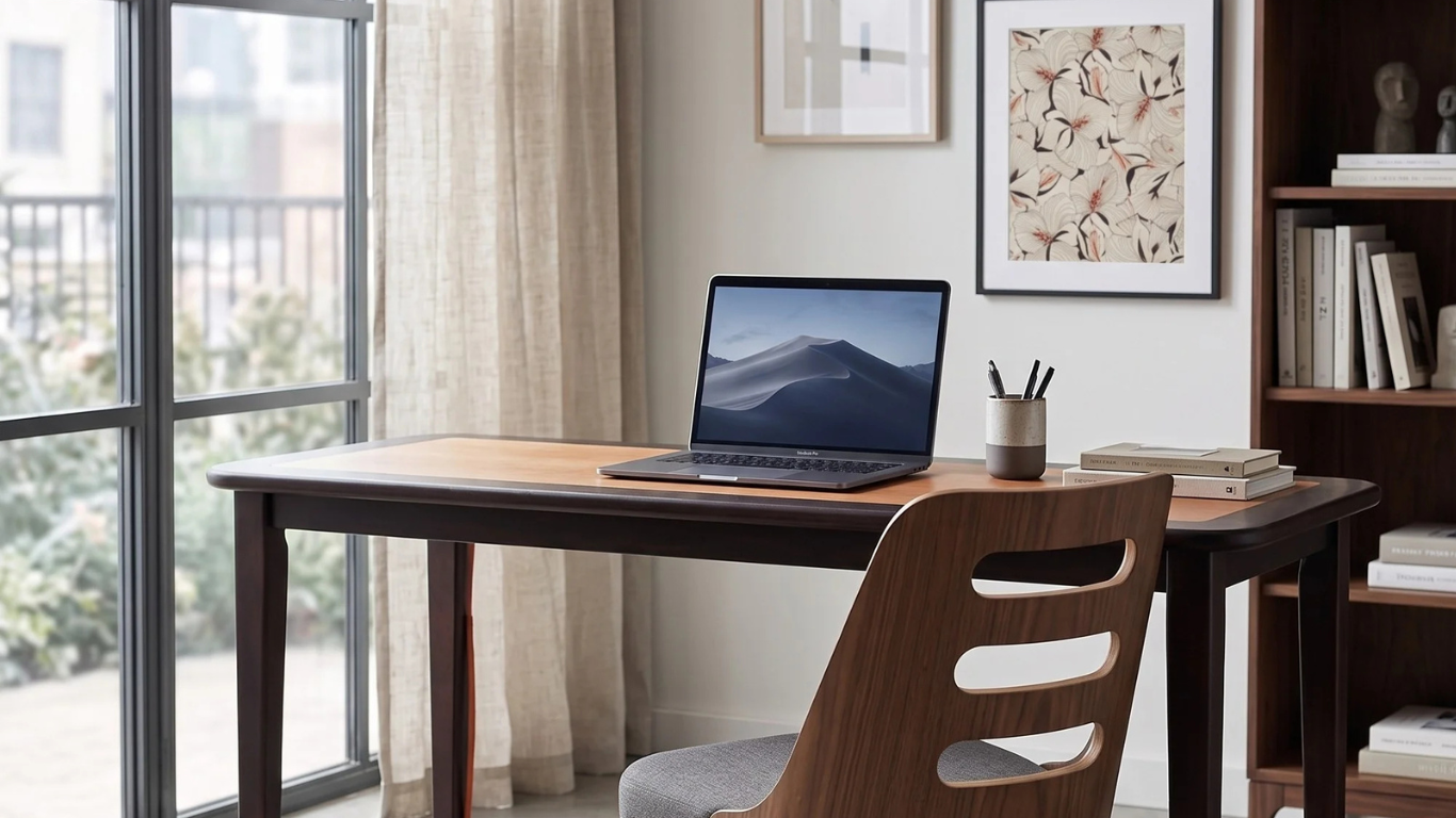 Escritorio y silla de diseño Escritorio clásico de madera oscura y tapa clara combinado con una silla nórdica de nogal en una oficina moderna frente a un ventanal.