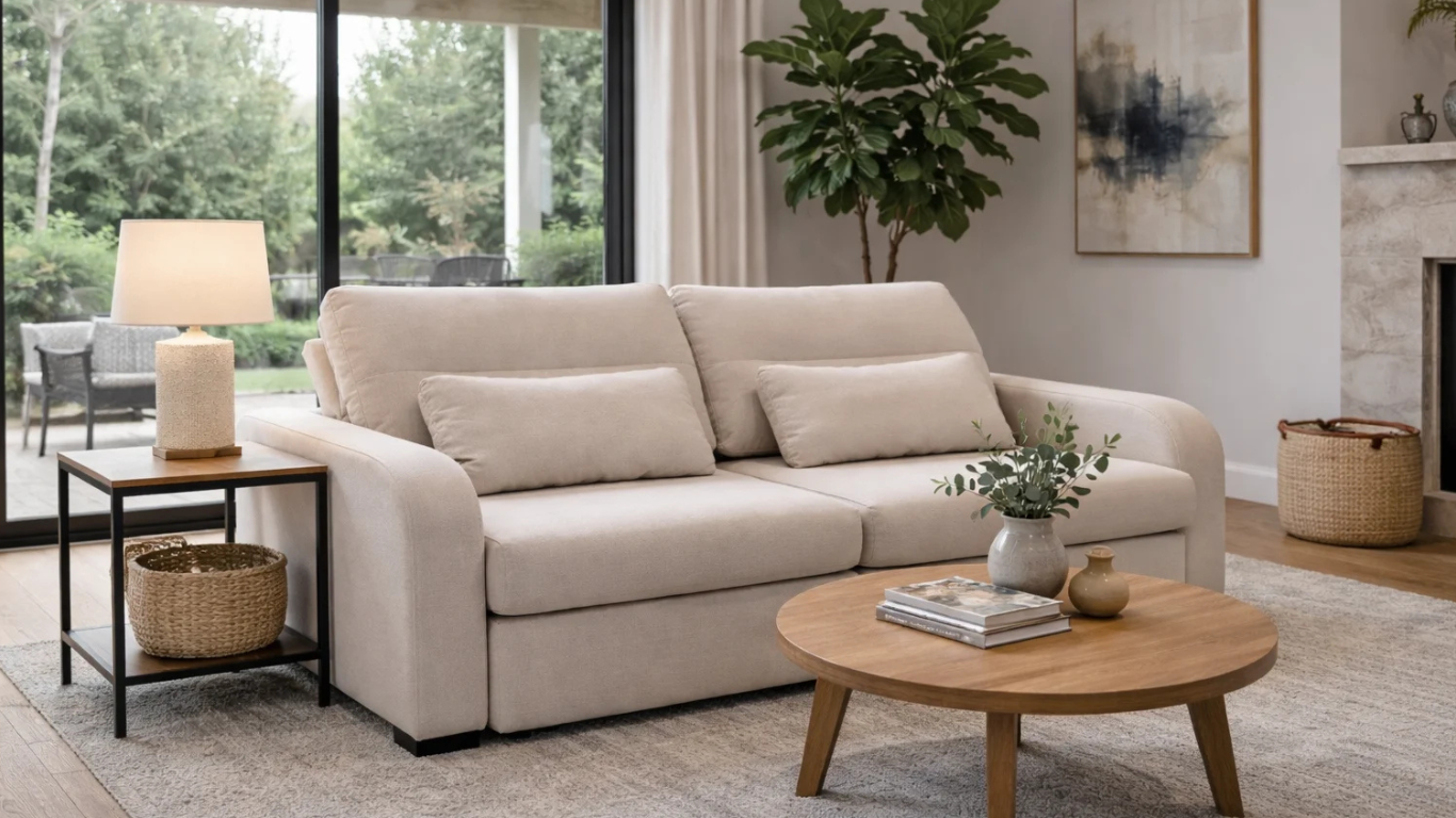 Sofá Oslo gris en sala de estar moderna y luminosa, con mesa de centro redonda, alfombra texturada, lámpara de apoyo y grandes ventanales con luz natural