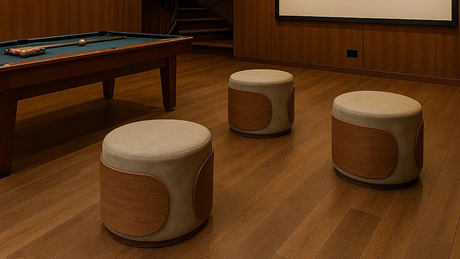 Tres poufs Rosana redondos con detalles en madera, mesa de pool, escalera circular metálica y proyector con pantalla para cine en casa