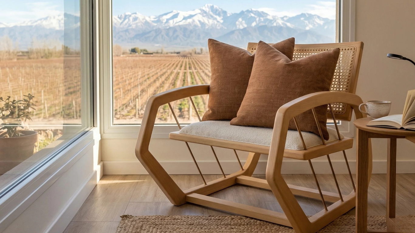 Poltrona de diseño Pauda en madera clara y esterilla decorada con dos cojines de chenilla color caramelo, ubicada en un espacio relajante junto a un gran ventanal con vista panorámica a montañas y viñedos.