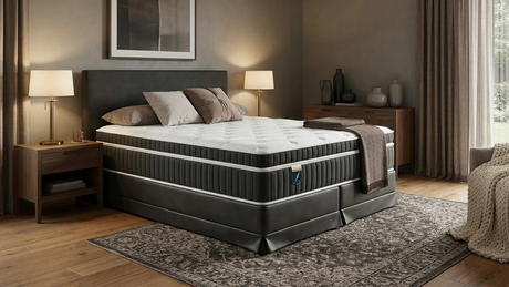 Cama Europea Sognare armada en un dormitorio con pisos de madera, paredes tierra y decoración elegante