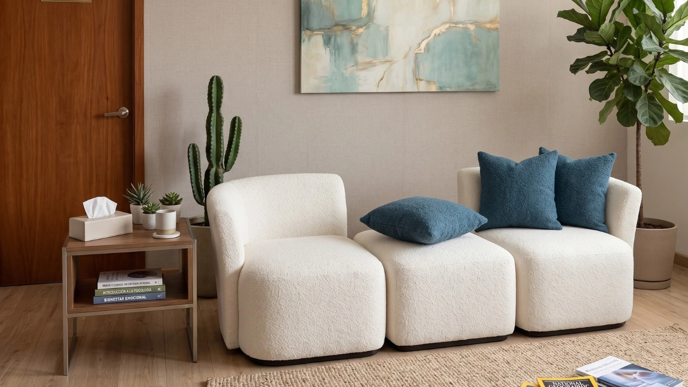 Sala de espera Sofá modular blanco con cojines azules texturizados en un consultorio de psicología decorado con plantas y tonos neutros.
