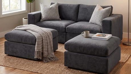 Sala de estar con un sofá modular gris oscuro y dos poufs a juego, decorados con cojines texturizados y una manta estampada.
