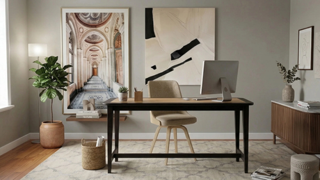 Oficina en casa moderna y elegante con escritorio central de dos tonos, computadora, y dos grandes cuadros en la pared, uno de arquitectura clásica y otro abstracto.
