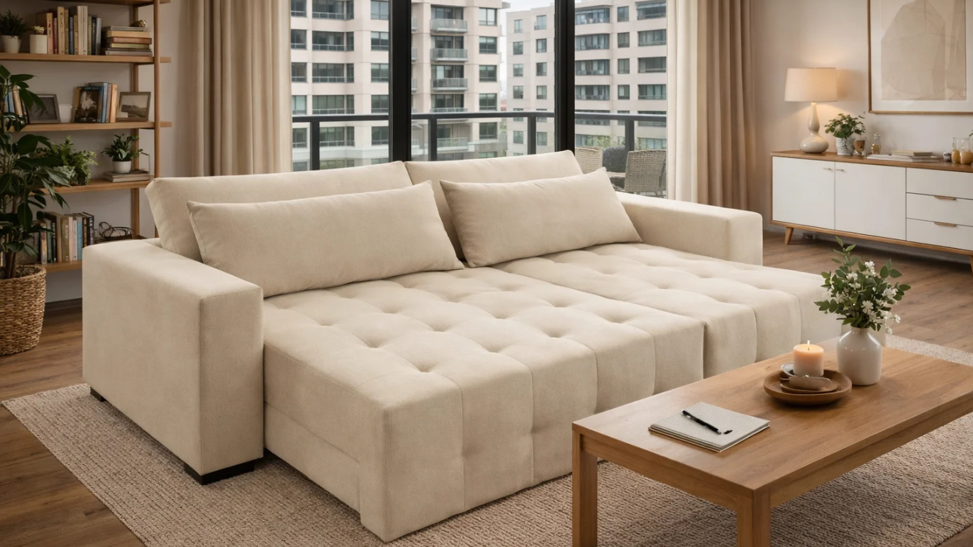 Sofá cama Bellagio color beige en departamento moderno con luz natural y decoración minimalista