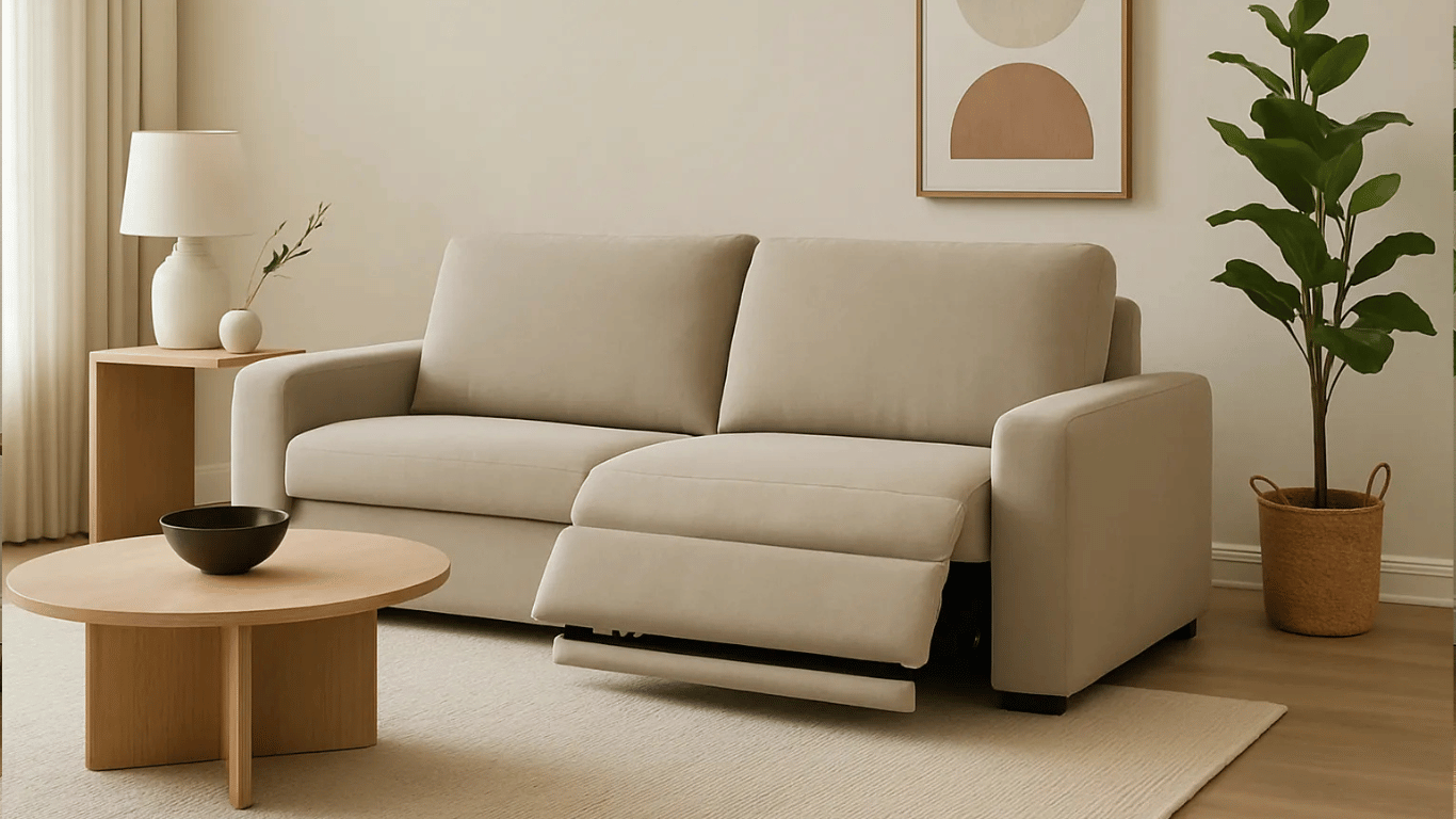Sala moderna con sofá beige reclinable, mesa de centro, lámpara y planta decorativa en formato horizontal.