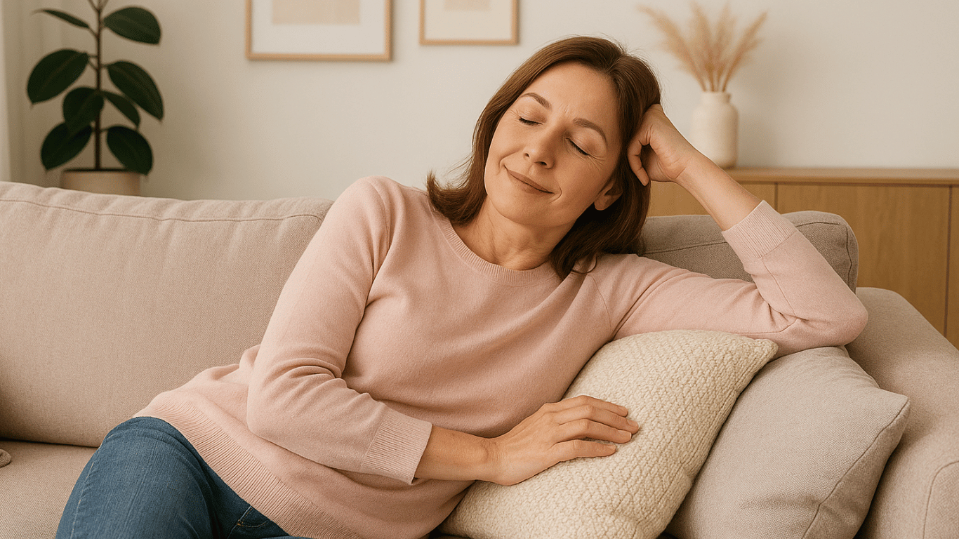 Mujer de mediana edad recostada en un sofá beige en formato horizontal, disfrutando de un momento de descanso en una sala iluminada y minimalista.