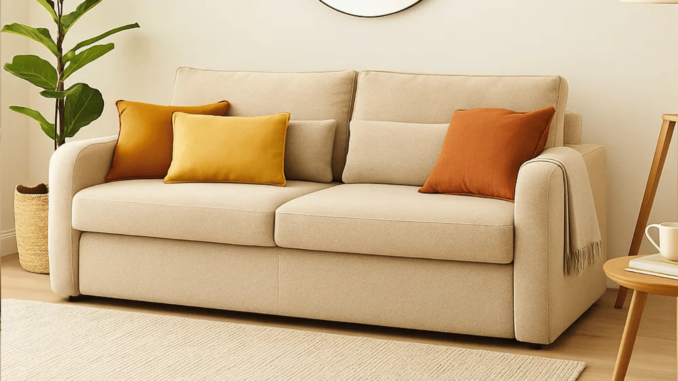 Sala moderna con sofá cama beige de brazos redondeados, decorado con cojines en tonos mostaza y naranja, espejo redondo, planta y mesa auxiliar.