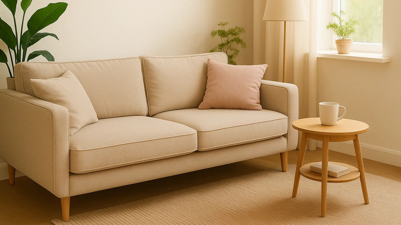 Sala luminosa con sofá beige moderno, cojines suaves y mesa auxiliar de madera