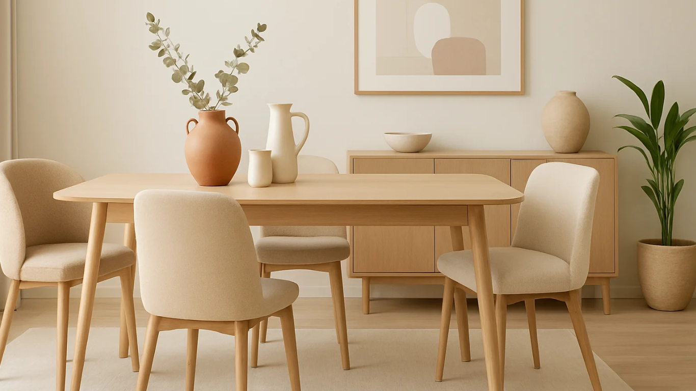 Comedor moderno con mesa rectangular de madera clara, sillas tapizadas en beige, decoración con jarrones cerámicos y lámpara de fibras naturales.