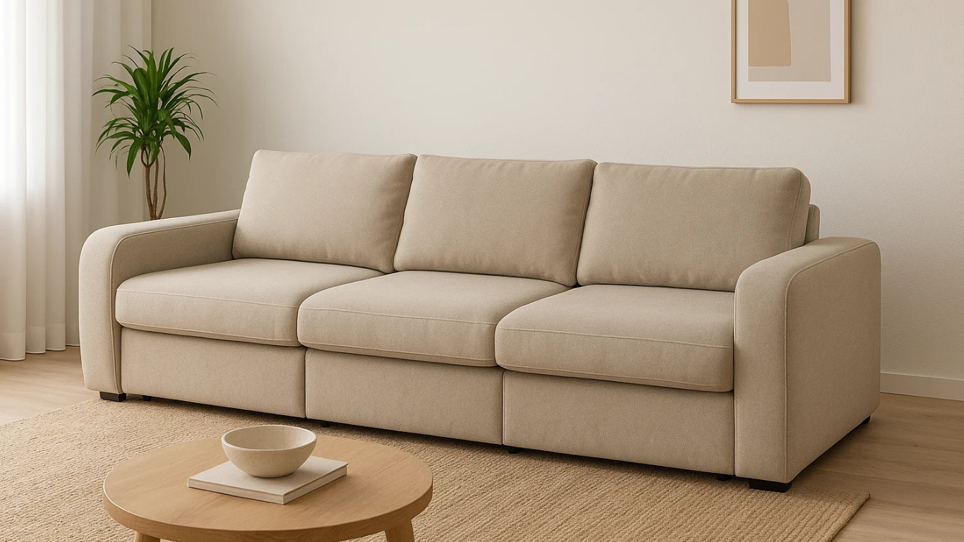 Sala moderna con sofá beige de líneas suaves, alfombra de yute, mesa de centro y decoración minimalista en tonos cálidos.