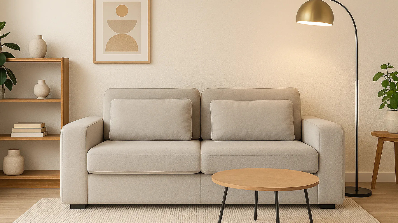 Sala contemporánea con sofá gris claro, lámpara de pie dorada, mesa de centro redonda y estantería de madera decorada.