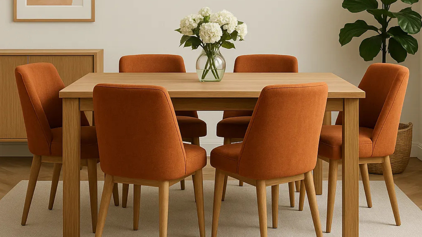 Comedor moderno con lámpara colgante cálida y sillas color terracota, ideal para cenas acogedoras.