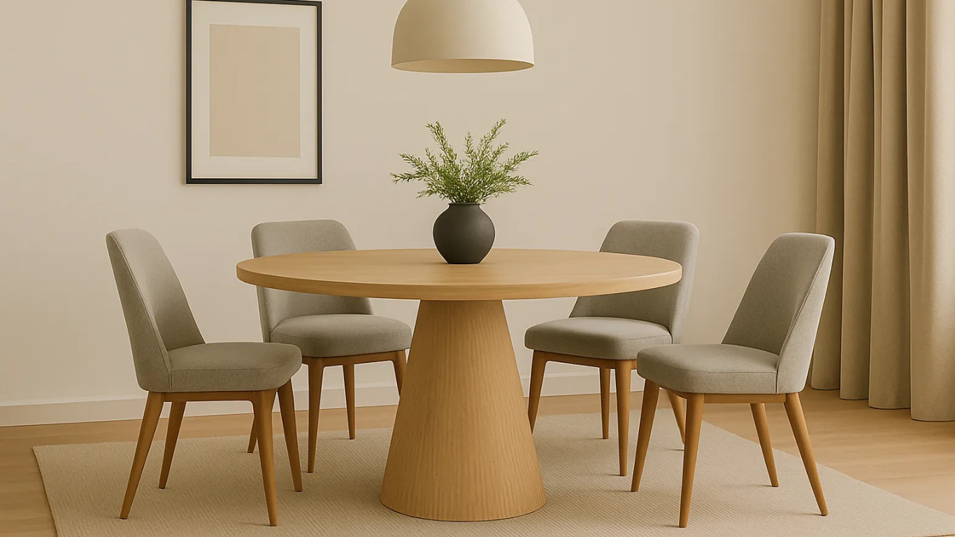 Comedor moderno con mesa redonda de base cónica y sillas tapizadas en gris claro, en ambiente cálido y equilibrado.