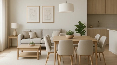 Espacio integrado con comedor y living, cocina al fondo y decoración neutra y elegante.