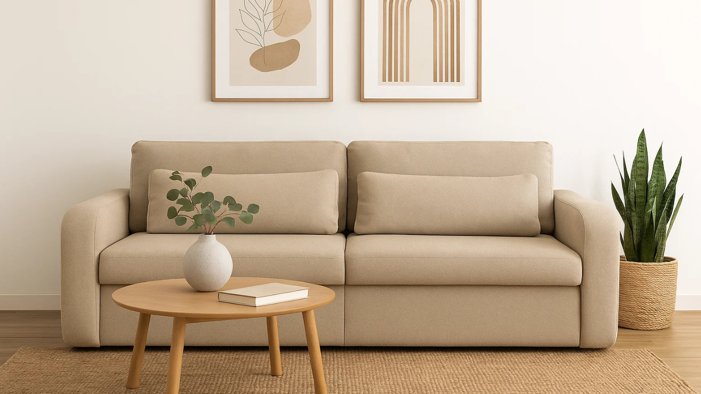 Sala moderna con sofá beige de líneas curvas, decoración minimalista, mesa de centro de madera y planta natural.