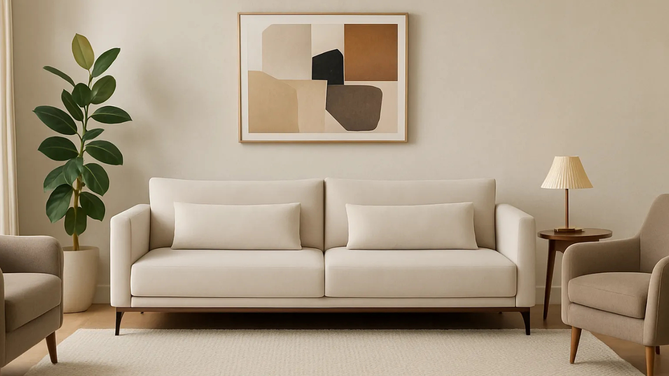 Sala contemporánea con sofá beige, dos poltronas a los costados y decoración neutra