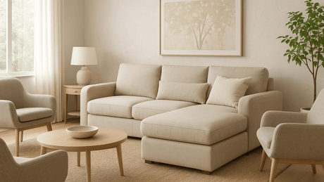 Sofá tipo chaise longue en sala moderna con poltronas y decoración cálida