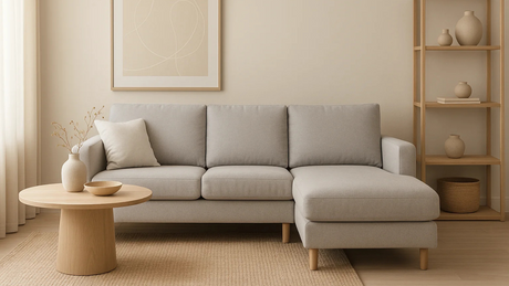 Sala moderna con sofá chaise longue gris claro, mesa de centro redonda de madera y estantería con decoración minimalista.