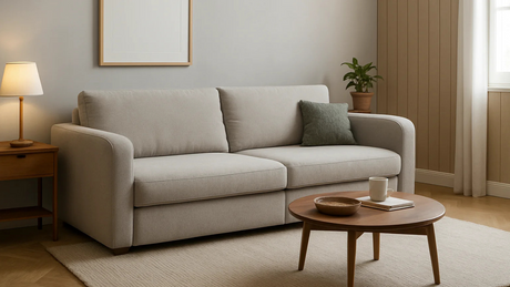 Sala moderna con sofá gris claro que no armoniza con la decoración, mostrando un error común en la combinación de colores. La alfombra, la mesa de madera y la pared beige generan un contraste poco equilibrado.