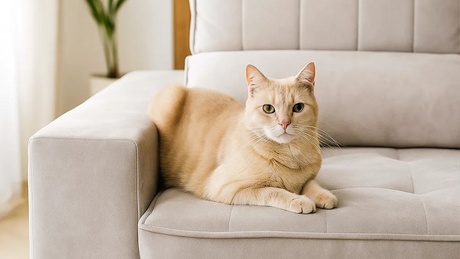 Gato color crema descansando sobre sofá moderno gris claro en ambiente iluminado con planta decorativa.