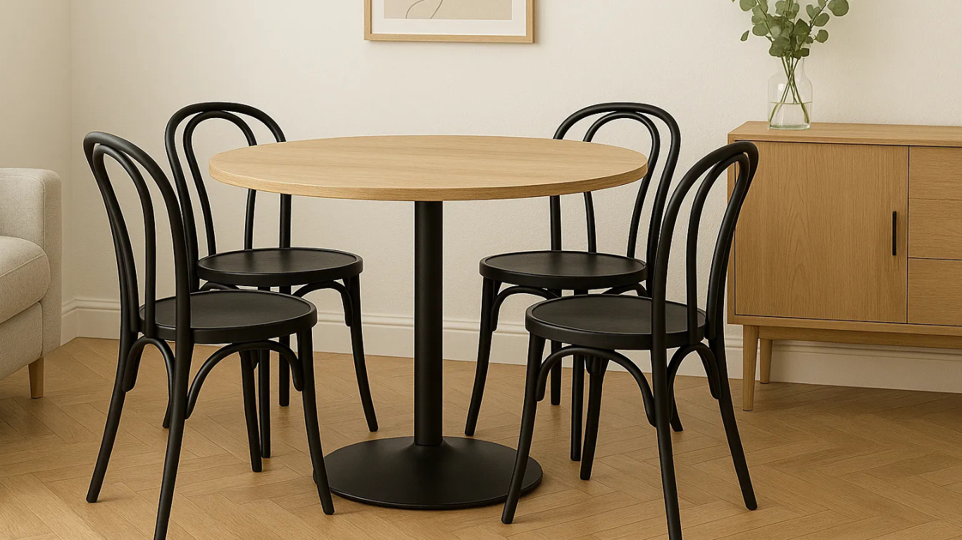 Comedor compacto con mesa redonda de madera clara y base negra, rodeada de cuatro sillas negras idénticas, en ambiente moderno con aparador de madera y decoración neutra.