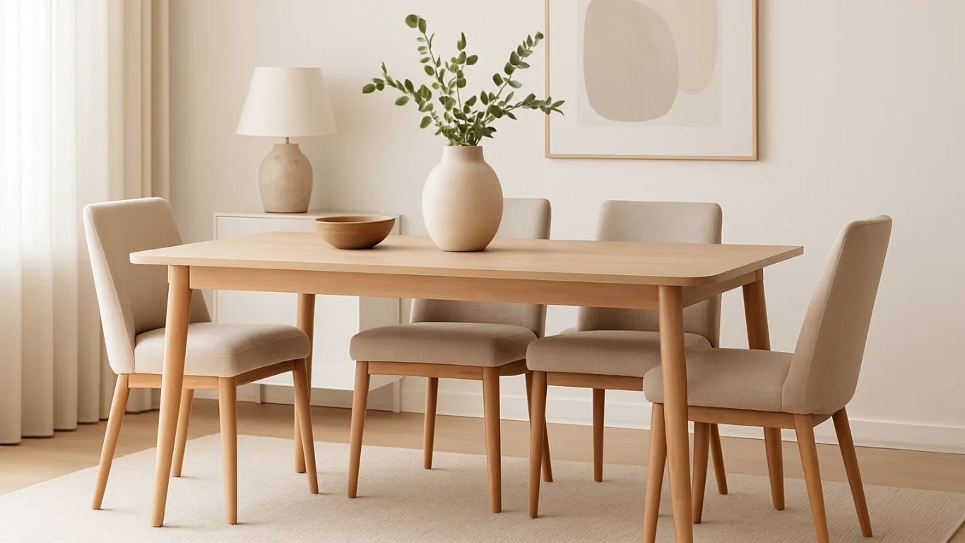 Comedor moderno con mesa rectangular de madera clara y sillas tapizadas en beige, decorado con jarrón de cerámica y arte minimalista, en ambiente luminoso y armónico.
