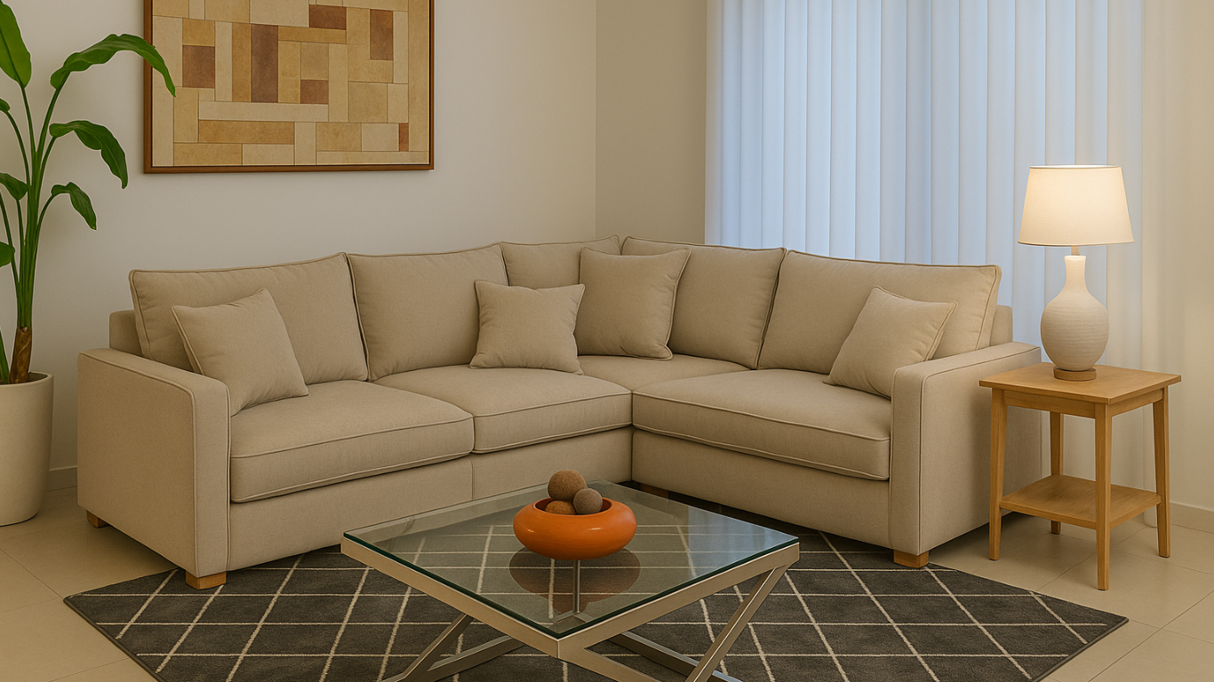 Sofá en L beige en sala moderna con alfombra gris, mesa de vidrio, lámpara decorativa y detalles cálidos en madera, iluminada por luz natural.