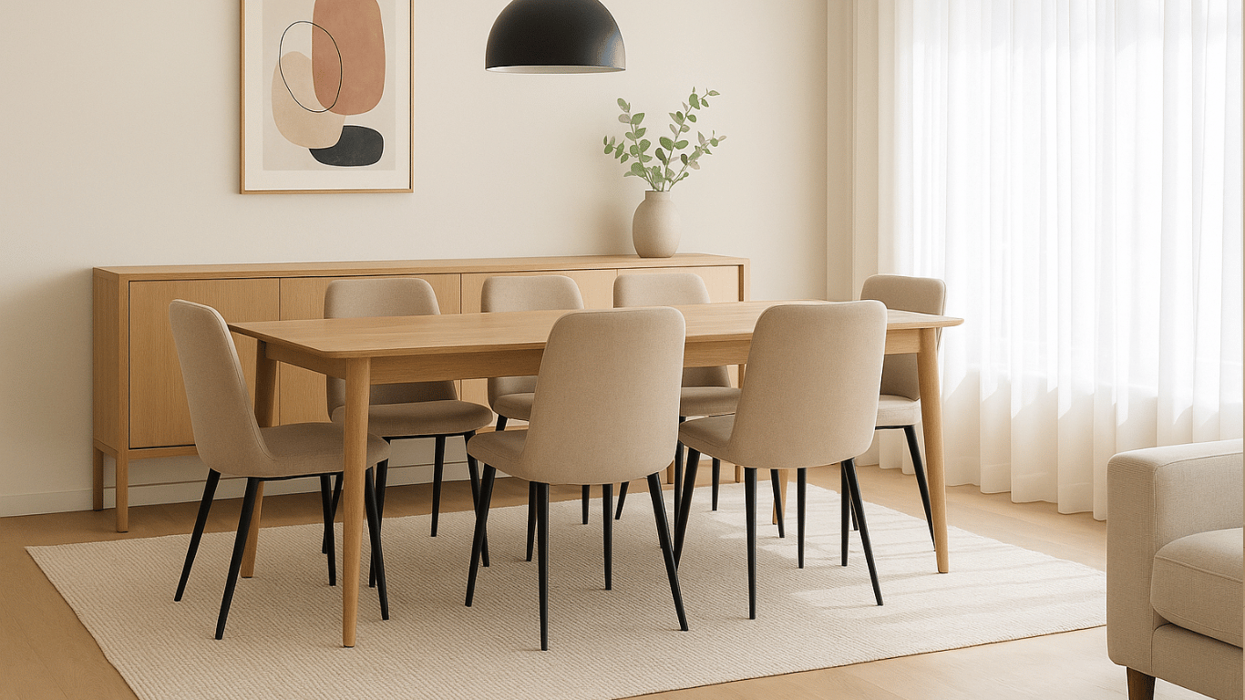 Comedor moderno y luminoso con mesa de madera clara, sillas tapizadas en beige, arrimo de fondo y cuadro abstracto decorativo, bajo luz natural.