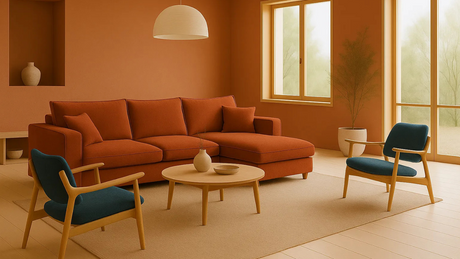 Sofá chaise longue color terracota en sala estilo Japandi con poltronas azules y decoración natural