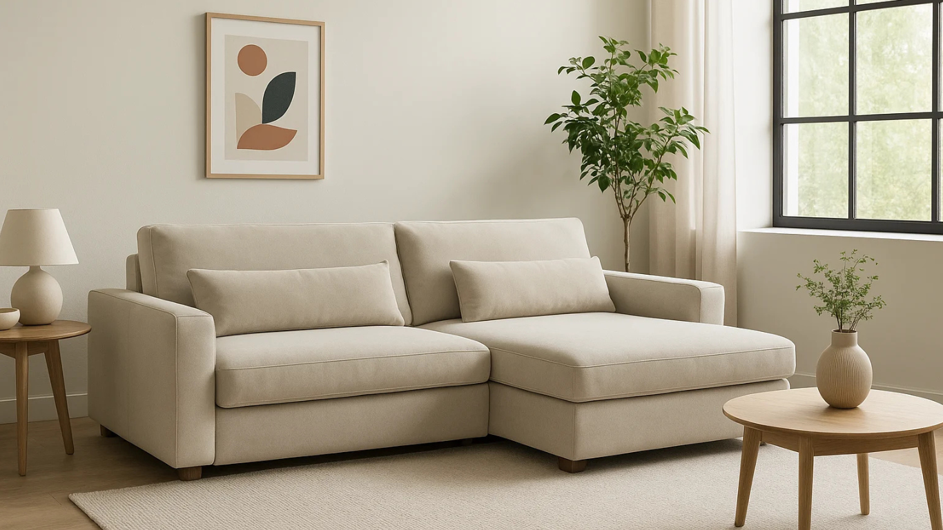 Sala luminosa con sofá chaise longue beige, gran ventana, decoración minimalista y detalles en madera clara.