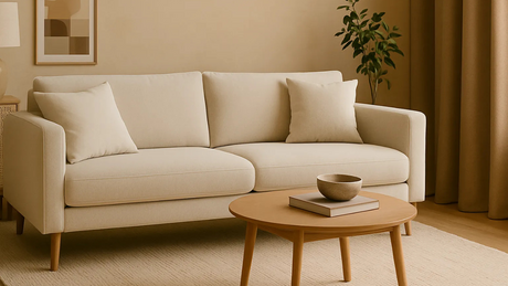 Sala decorada con sofá beige moderno, mesa de centro de madera clara y elementos naturales en tonos neutros.