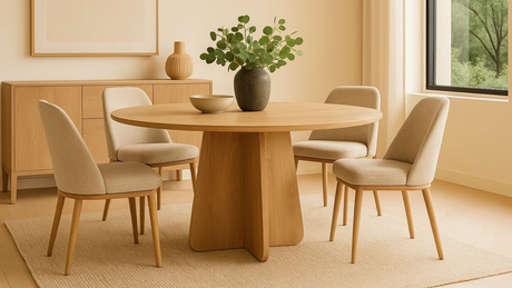 Comedor moderno con mesa redonda de madera clara, sillas tapizadas beige y decoración minimalista en ambiente luminoso.
