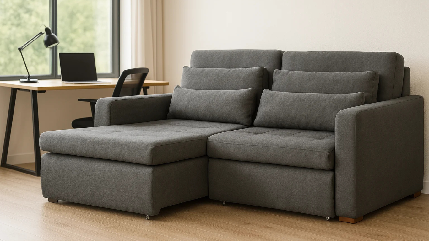 Sala de home office con sofá gris chaise longue, escritorio con laptop y gran ventana con vista verde.